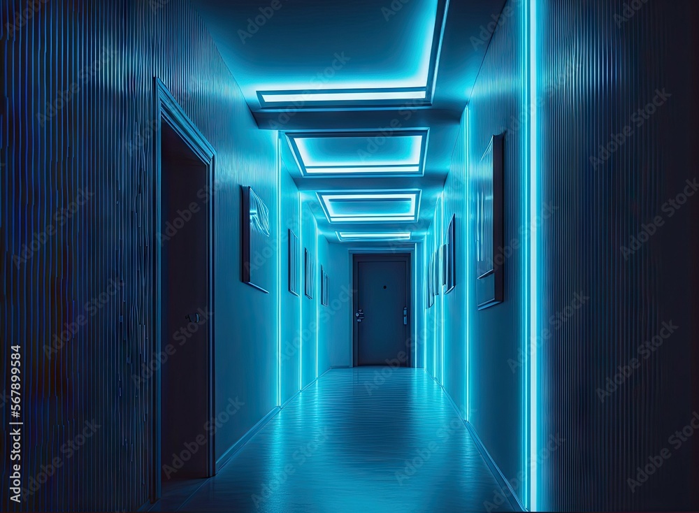 blue tint a blue neon lit corridor that is illuminated. Elegant neon light from the future on the wall. Generative AI blue tint a blue neon lit corridor that is illuminated. Elegant neon light from the future on the wall. Generative AI