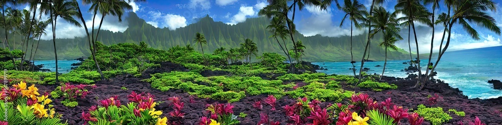 Hawaiian environment - natural panoramic image of a tropical Hawaiian landscape made by generative AI