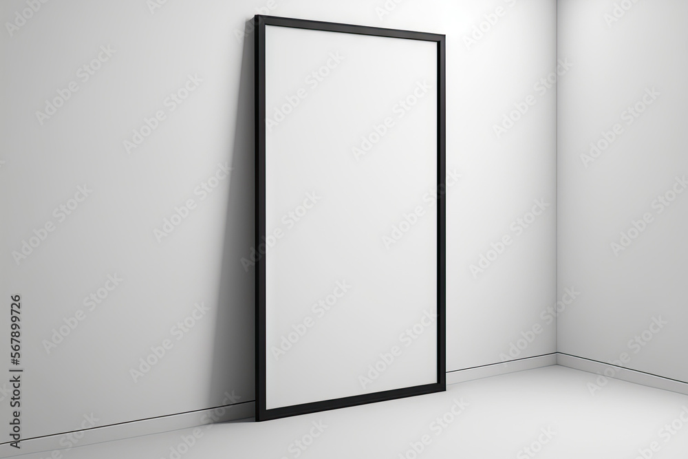 thin black frame with no content on a light colored floor with a white wall behind it. mockup of an empty poster frame. mockup of an empty picture frame. empty picture frame. Generative AI thin black frame with no content on a light colored floor with a white wall behind it. mockup of an empty poster frame. mockup of an empty picture frame. empty picture frame. Generative AI