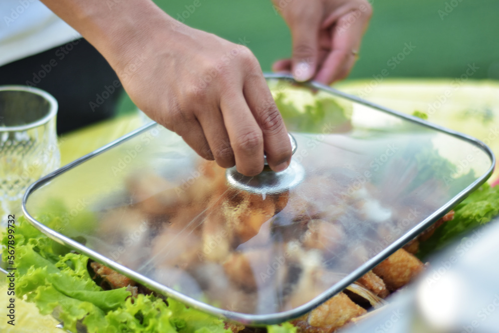 Fototapeta premium Close-up shot of a person holding food cover made from glass to cover the food tray to prevent insects and dust that may fall into food before service to customer in party. Hygiene and Eating concept.