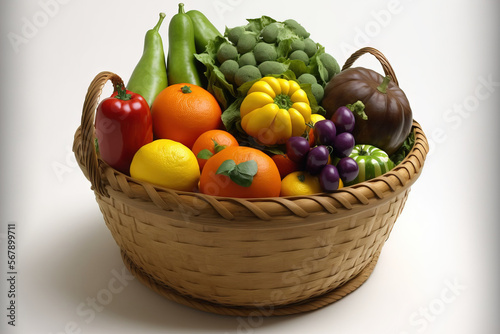 Fresh fruit and vegetables in a basket against a white background. Generative AI