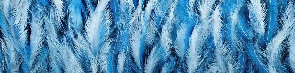 Fototapeta premium Colorful blue feathers - bright and vibrant feathers in a panoramic extra wide banner image by generative AI