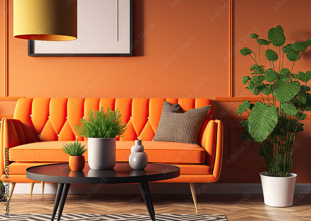 Retro living room with bright orange with coffee tables, sofa, plant ...