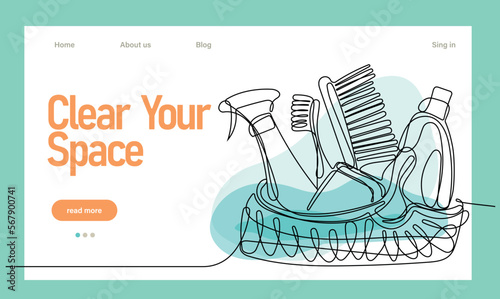 Home cleaning service landing page design concept, illustration of janitors with cleaning tools. Vector illustration