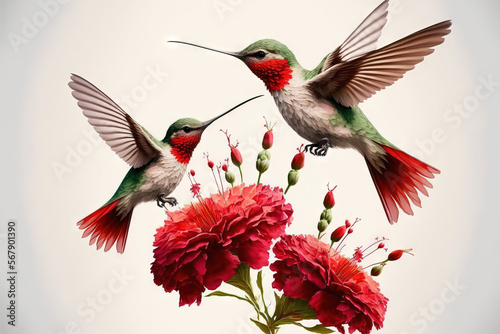 Three red dianthus are covered by a hummingbird spreading her tail; white background. Generative AI