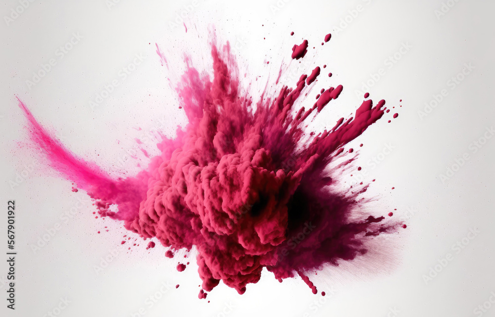 Exploding crimson powder in slow motion, isolated on a white backdrop. A crimson dust cloud in an abstract form. Particles Explosion Wallpaper and Screen Saver. Generative AI