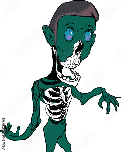 A green zombie with a loose jaw