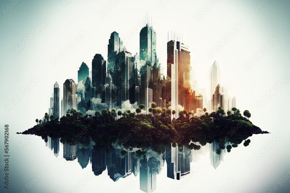 Cityscape with double exposure in a panorama. Generative AI
