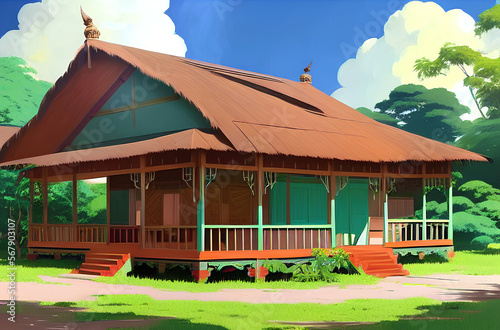 Digital painting illustration of traditional wooden Malay houses in rural areas photo