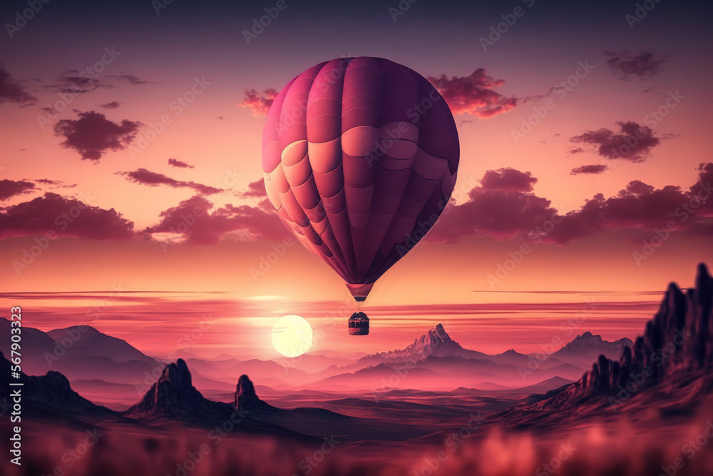 Fototapeta premium Hot Air Balloon floating in Pink Sky, Desert Sunset, Digital Art, Giant Pink Hot Air Balloon floating over the mountains, Epic Landscape, Digital Art, Background, Poster, Print