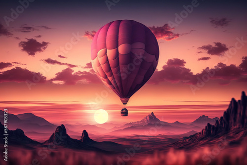 Hot Air Balloon floating in Pink Sky, Desert Sunset, Digital Art, Giant Pink Hot Air Balloon floating over the mountains, Epic Landscape, Digital Art, Background, Poster, Print © Isabella