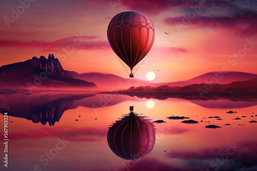 Hot Air Balloon floating in Pink Sky, Sunset Reflection in Water, Mountain, Epic Landscape, Digital Art, Background, Poster, Print, Red Hot Air Balloon