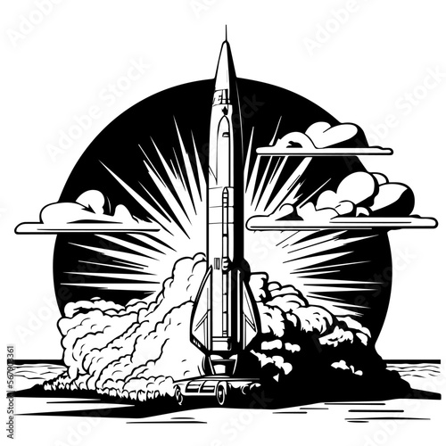 Nuclear missile in cartoon black and white style. Vector illustration