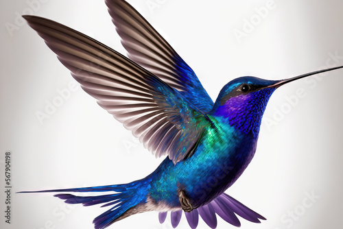 Violet Sabrewing's sparkling blue hummingbird, Campylopterus hemileucurus, in flight, isolated on white background. tropical hummingbird hovering. ready for a variety of uses. Generative AI