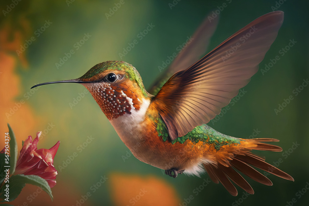 In flight, a rufous hummingbird consumes nectar on a green background. Generative AI