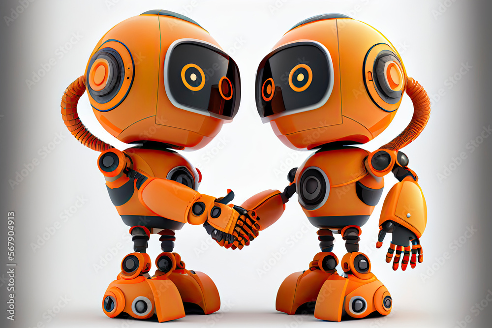 Orange robot shake hand isolated on white background. 3D rendering image with clipping path Orange robot shake hand isolated on white background. 3D rendering image with clipping path