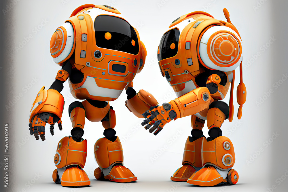 Orange robot shake hand isolated on white background. 3D rendering image with clipping path Orange robot shake hand isolated on white background. 3D rendering image with clipping path