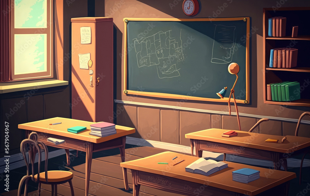 desks and blackboard in classroom at school. Generative AI desks and blackboard in classroom at school. Generative AI