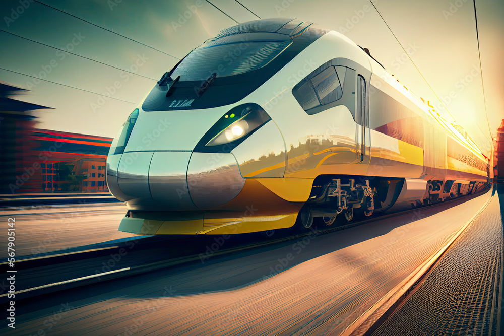 Fototapeta premium Futuristic high-speed express passenger train. Logistics of the future, modern technologies