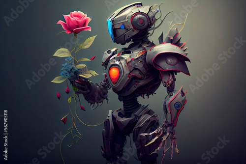 design of a robot cyborg holding a flower