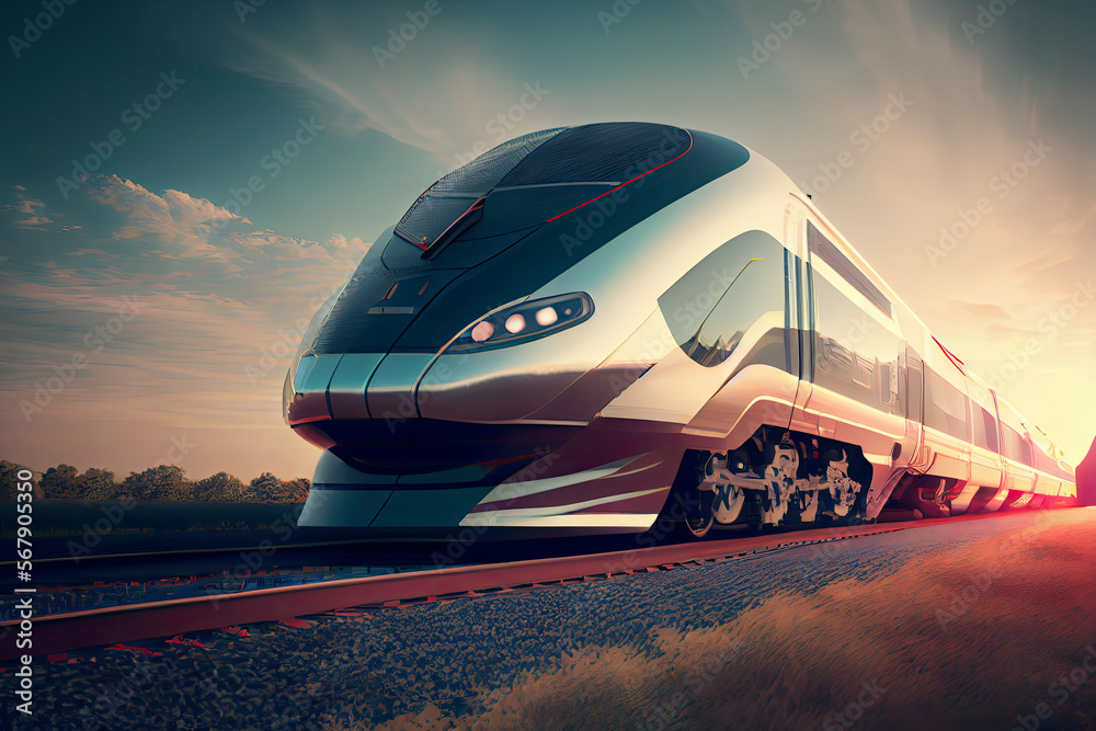Naklejka premium Futuristic high-speed express passenger train. Logistics of the future, modern technologies
