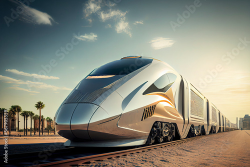 Futuristic high-speed express passenger train. Logistics of the future, modern technologies © rufous