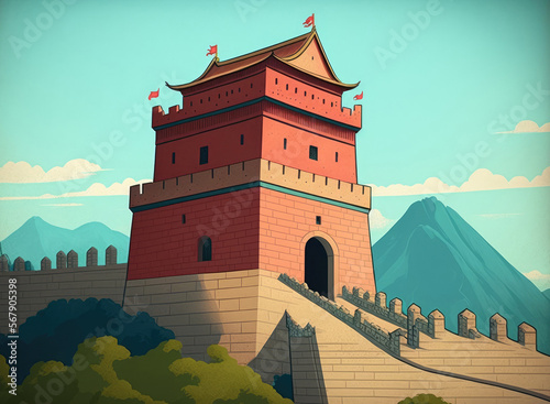 A close up of the Shanhaiguan Arrow Tower on the Great Wall of China. Generative AI photo