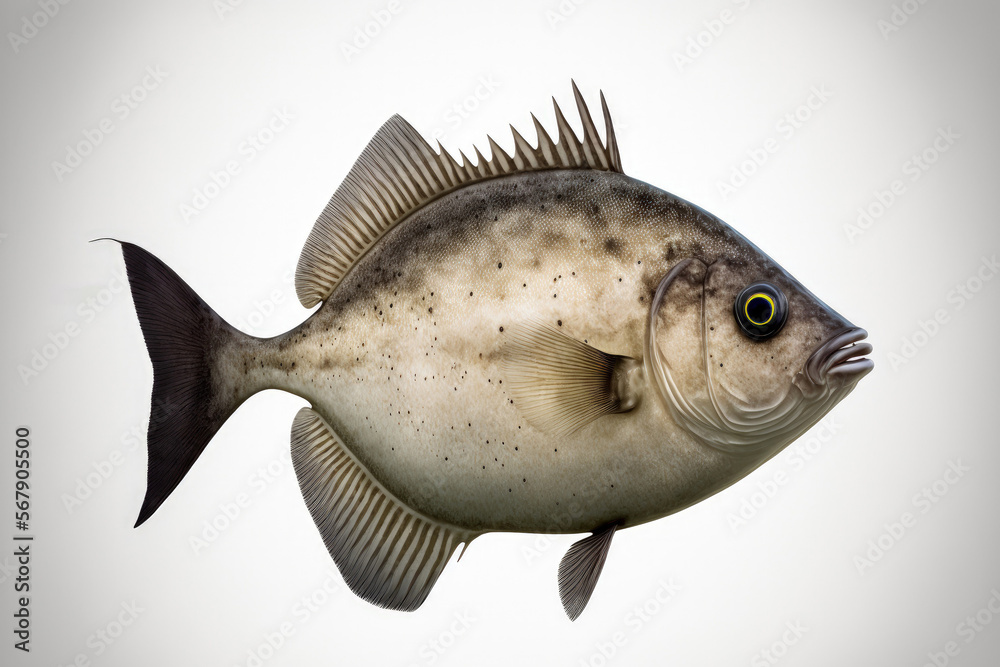 against a white backdrop, a sweet halibut fish. Generative AI against a white backdrop, a sweet halibut fish. Generative AI