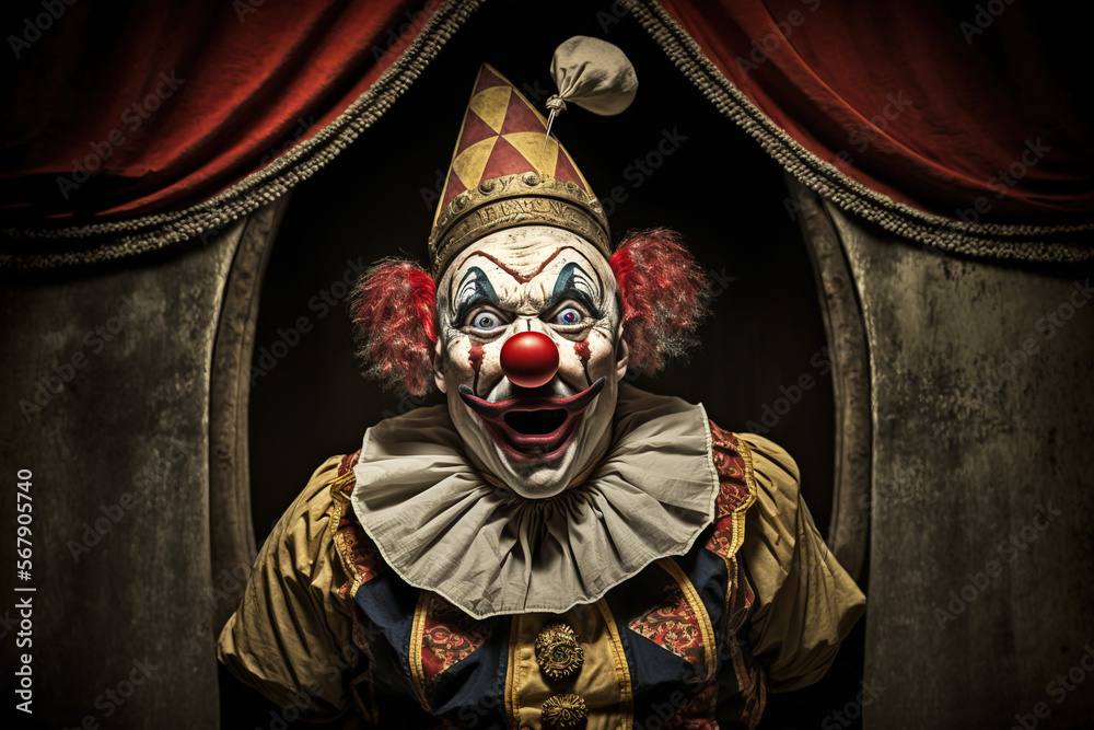 Creepy Clown in Circus, Scary, Freaky, Bad Clown, Surprised, Dark