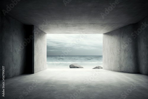Industrial interior background abstract vacant, contemporary concrete room with opening with ocean view on the rear wall and rough floor,. Generative AI