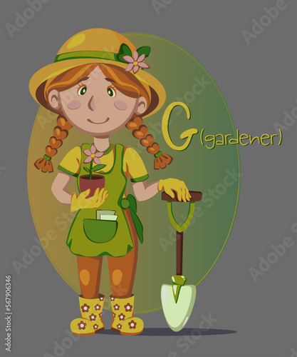 gardener
Illustration of occupations in alphabetical order for children's books or professions day.Letter "G" - gardener, with a shovel, flowers in clothes for working in the garden.