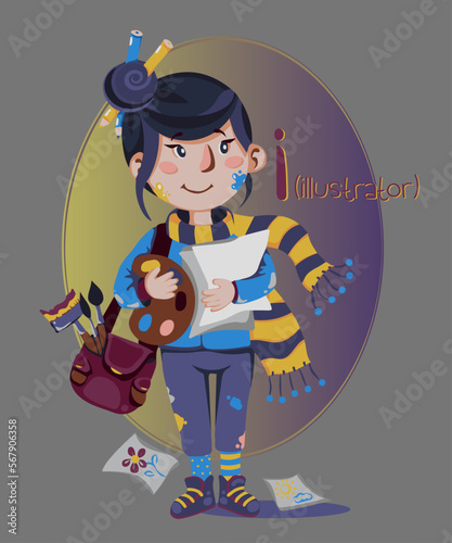 illustrator
Illustration of occupations in alphabetical order for children's books or professions day.Letter "i" - illustrator, girl with drawings, paints and brushes.