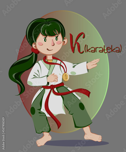 karateka
Illustration of occupations in alphabetical order for children's books or professions day.Letter "k" - karateka female  with red belt, kimono and medal in fighting stance