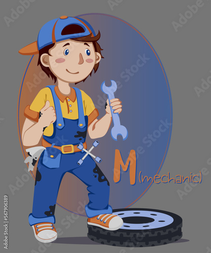 mechanic
Illustration of occupations in alphabetical order for children's books or professions day.Letter "M" - mechanic in overalls, with a wrench and on a car tire
