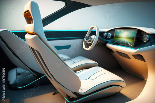 Interior design for an autonomous vehicle. The automobile has a rotating passenger seat and a foldable steering wheel. original style. Generative AI