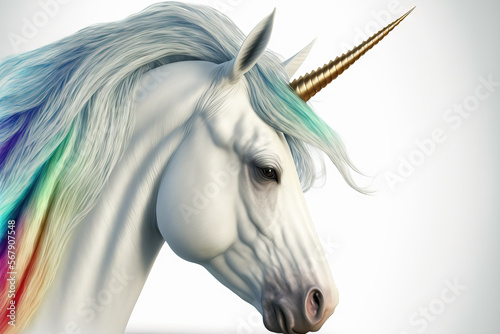 Cute white unicorn's head with a rainbow mane, isolated on a white background. Generative AI