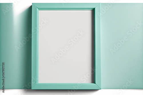 Isolated on a white background, a square turquoise blank picture frame with passe partout for pictures. the front. Generative AI photo