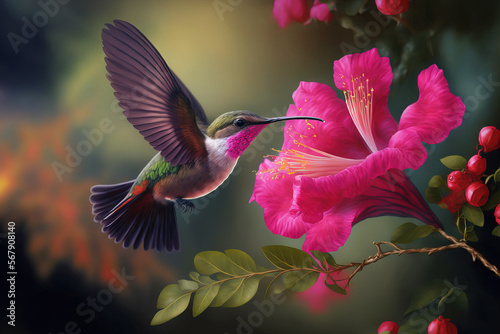 Pink flower and hummingbird. Colombian brown Inca, Coeligena wilsoni, flying close to a lovely pink blossom. Bird in the garden in bloom. wildlife scene in the wild. a creature in a tropical forest photo