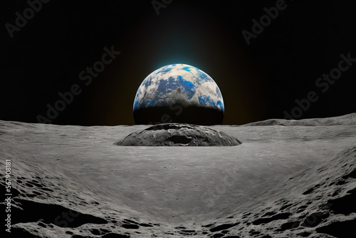 show blue earth as viewed from the surface of the moon. Generative AI