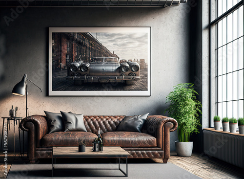 mock up poster depicting a loft with a leather sofa,. Generative AI