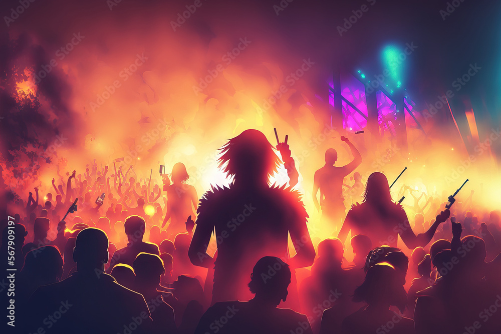 Symbolic Background Concert Party Concept. Concept of partygoers. Happy and enthusiastic crowd in the club. Festival, party, joy, and blurry nightclub. EDM concert event on stage. Generative AI