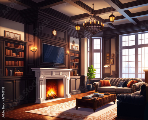 Beautiful living room interior with hardwood floors, coffered ceiling, and roaring fire in fireplace, in new luxury home. Generative AI