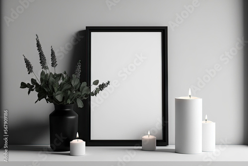 Simple mockup template including a black cabinet with candles and a potted plant, a large a4 vertical blank frame, and. Generative AI photo