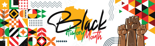 Black History Month Banner. African American History. February or October. Poster, card, background. Yellow Red Green abstract cultural traditional shapes Vector illustration. Raised fists or hands.