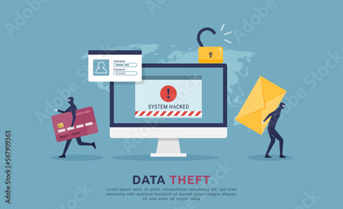 Cyber attack security and data theft activity concept, confidential or financial information stealing from computer with warning message alert, phishing activity on internet access