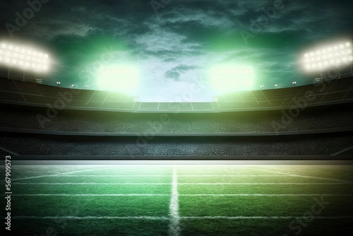 Football stadium lights. Stadium football game lights are shinning on a green grass field for a sport concept. Green football field illuminated by two stadium lights, side view. Generate AI