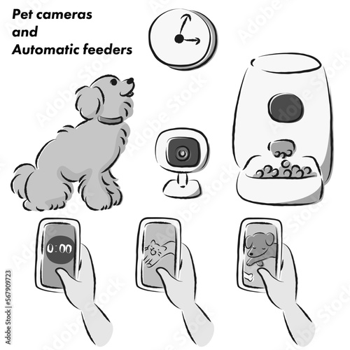ペットの自動給餌器・犬・スマホ・ペットカメラのイラストセット