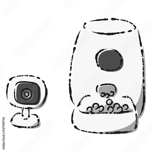 ペット用の自動給餌器と遠隔操作できる見守り用ペットカメラのイラストセット