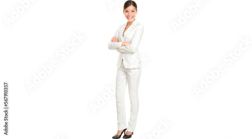 Asian business woman standing proud and confident in white suit isolated in transparent PNG in full body. Beautiful young mixed race Chinese Asian / Caucasian female businesswoman smiling happy.