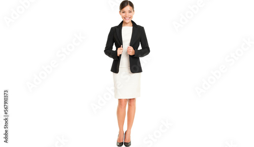 Ethnic Asian professional businesswoman standing confident in skirt suit isolated in transparent PNG.